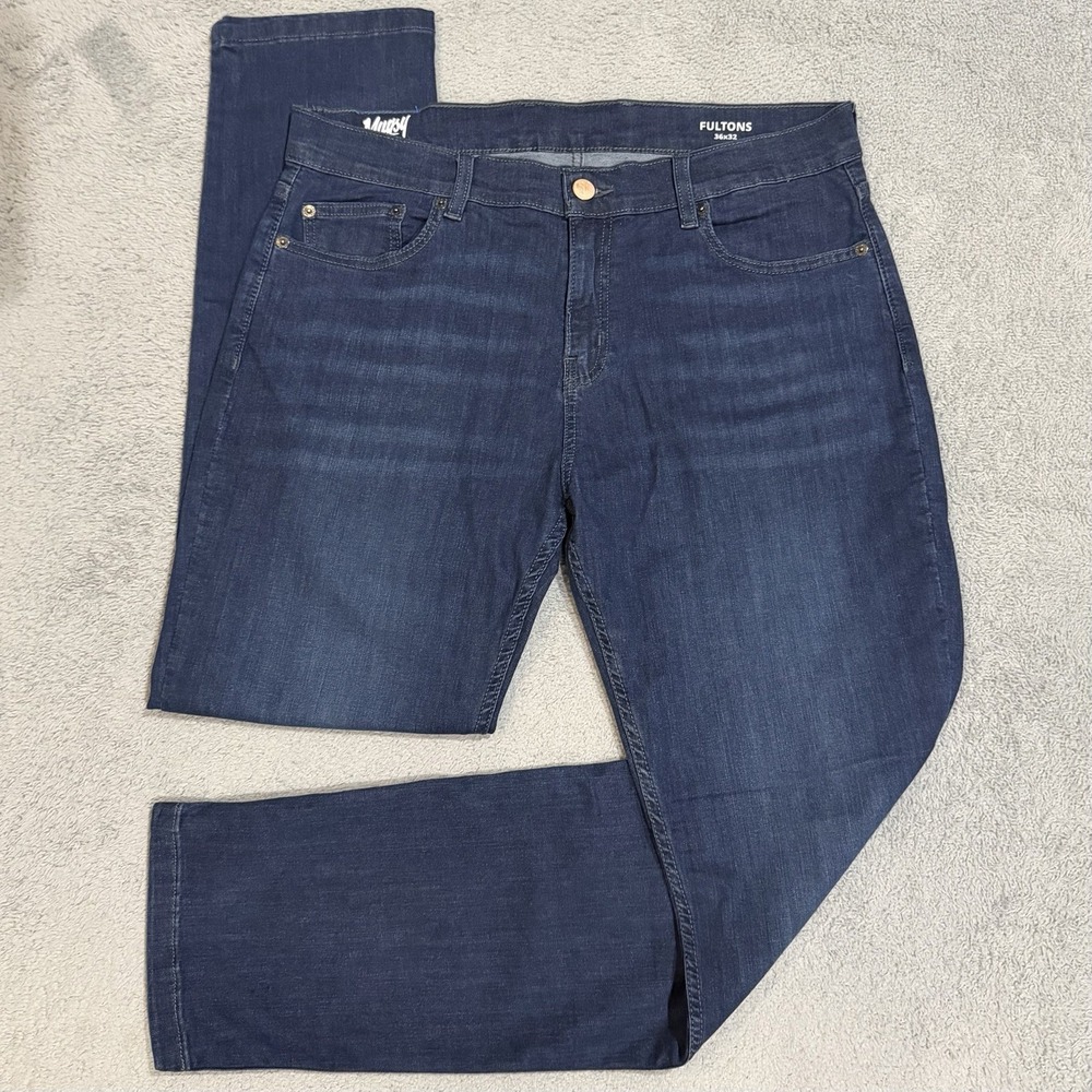 Mugsy Fultons Jeans 36x32 Whiskered Stone Medium Wash Denim Blue Stretch FLX3NFU